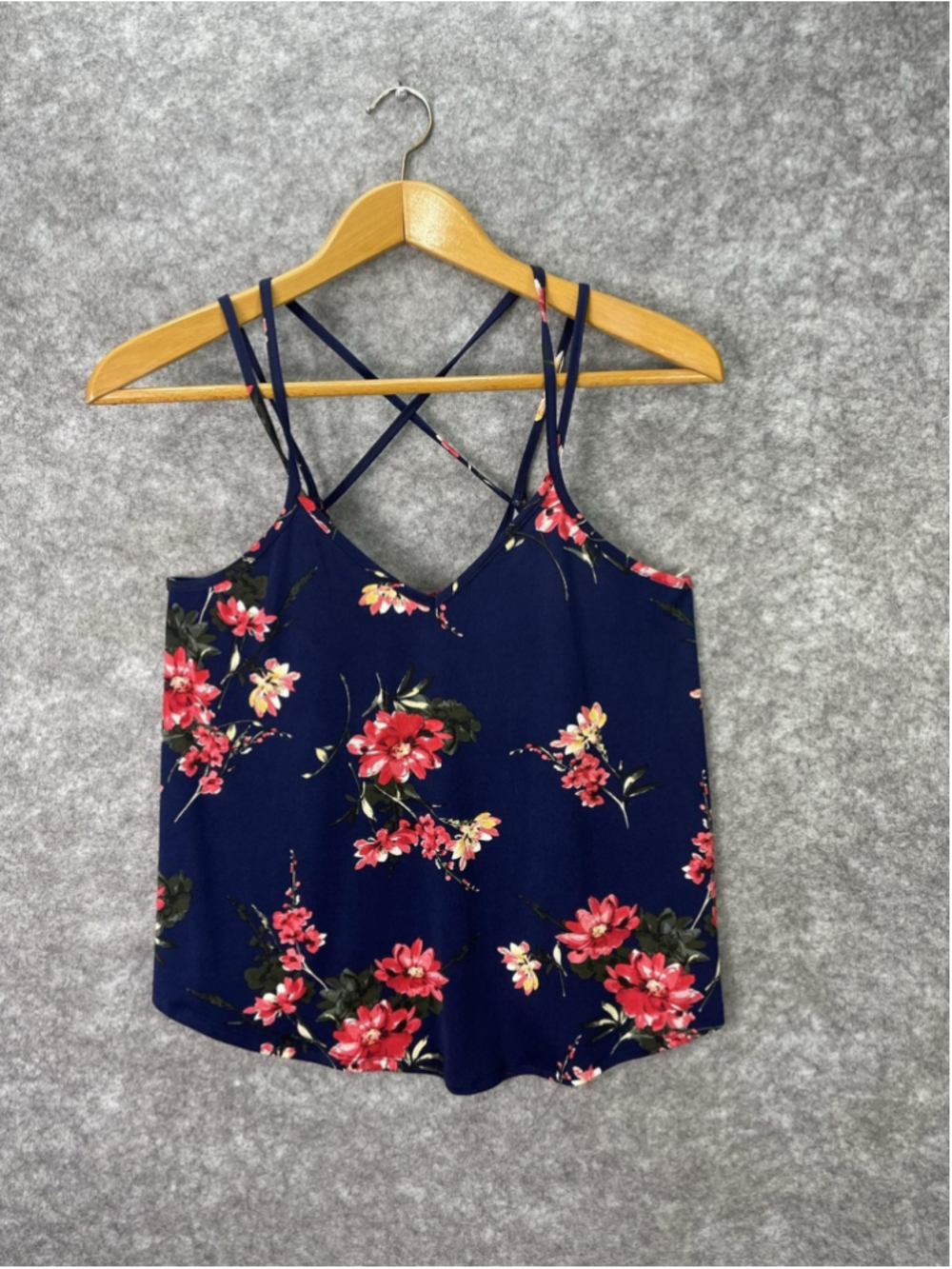 Papermoon Tank Top Womens Medium Blue Floral Crisscross Strap Cami V Neck
